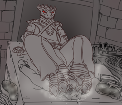 Size: 1682x1448 | Tagged: suggestive, artist:solidreshiram, dragonborn, fictional species, human, mammal, reptile, dungeons & dragons, boots, clothes, cuffed, degradation, dominant, dominant male, dungeon, feet, fetish, foot fetish, foot focus, foot on face, foot slave, footwear, humiliation, male, males only, musk, shoes, smelling, smelly feet, smelly shoes, smothering, submissive, submissive male, sweaty feet, toes, underfoot