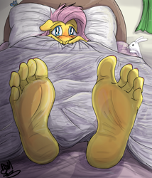Size: 2282x2671 | Tagged: suggestive, artist:fetishsketches, angel bunny (mlp), fluttershy (mlp), equine, fictional species, mammal, pegasus, pony, anthro, friendship is magic, hasbro, my little pony, anthrofied, blushing, female, fetish, foot blush, foot fetish, foot focus, in bed, soles, toes, under covers