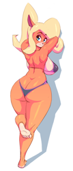 Size: 810x1895 | Tagged: suggestive, artist:nitro, coco bandicoot (crash bandicoot), bandicoot, mammal, marsupial, anthro, plantigrade anthro, crash bandicoot (series), activision, barefoot, bedroom eyes, big butt, bikini, bikini bottom, bikini top, black bikini, black swimsuit, blonde hair, breasts, butt, buttcrack, clothes, curvy, curvy figure, cute, eyebrows, feet, female, hair, huge breasts, looking at you, looking back, looking back at you, open mouth, panties, rear view, seductive, seductive look, sideboob, simple background, solo, solo female, sportswear, string bikini, swimsuit, the ass was fat, thick thighs, thighs, thong, thong swimsuit, toes, underwear, voluptuous, wide hips
