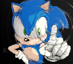 Size: 850x756 | Tagged: safe, artist:clgz sonic, sonic the hedgehog (sonic), hedgehog, mammal, sega, sonic the hedgehog (series), 2023, blue body, blue fur, clothes, fur, gloves, green eyes, looking at you, male, ripples, signature, simple background, smiling, solo, solo male