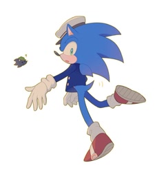 Size: 850x893 | Tagged: artist needed, source needed, safe, shadow the hedgehog (sonic), sonic the hedgehog (sonic), hedgehog, mammal, sega, sonic the hedgehog (series), black body, black fur, blue body, blue fur, buttons, clothes, duo, duo male, footwear, full body, fur, gloves, green eyes, hat, headwear, looking at you, male, males only, multicolored body, multicolored fur, open mouth, peaked cap, red body, red fur, shirt, shoes, simple background, tail, the murder of sonic the hedgehog, topwear, two toned body, two toned fur