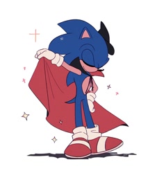 Size: 1000x1105 | Tagged: artist needed, source needed, safe, sonic the hedgehog (sonic), hedgehog, mammal, sega, sonic the hedgehog (series), blue body, blue fur, cape, clothes, eyes closed, footwear, full body, fur, gloves, lifting, male, shoes, simple background, smiling, solo, solo male, standing, tail