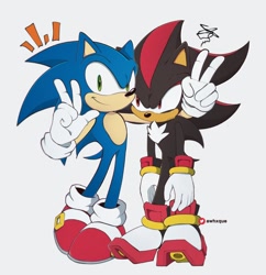 Size: 850x878 | Tagged: safe, artist:awhxque, shadow the hedgehog (sonic), sonic the hedgehog (sonic), hedgehog, mammal, sega, sonic the hedgehog (series), 2023, black body, black fur, blue body, blue fur, clothes, footwear, full body, fur, gloves, gold bracelet, green eyes, looking at each other, looking at you, male, male/male, multicolored body, multicolored fur, quills, red body, red eyes, red fur, shipping, shoes, simple background, smiling, sonadow (sonic), tail, two toned body, two toned fur