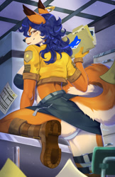 Size: 1155x1785 | Tagged: suggestive, artist:purplelemons, carmelita fox (sly cooper), canine, fox, mammal, anthro, sly cooper (series), bedroom eyes, big breasts, blushing, boots, bottomwear, breasts, butt, clothes, crop top, ear piercing, female, folder, footwear, gloves, jacket, looking at you, looking back, looking back at you, midriff, mini skirt, panties, piercing, raised leg, rear view, shoes, skirt, smiling, smiling at you, solo, solo female, topwear, underwear, upskirt