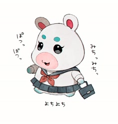 Size: 1938x2048 | Tagged: safe, artist:oni_atat, flurry (animal crossing), hamster, mammal, rodent, semi-anthro, animal crossing, nintendo, 2d, bottomwear, clothes, female, japanese text, on model, open mouth, open smile, purse, school uniform, signature, simple background, skirt, smiling, solo, solo female, standing, text, white background