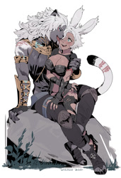 Size: 813x1186 | Tagged: safe, artist:vavafle_, feline, fictional species, hrothgar, mammal, viera, anthro, humanoid, final fantasy, 2024, big breasts, breasts, female, female/female, licking, licking face, sitting, tail, tongue, tongue out