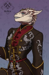 Size: 1250x1900 | Tagged: safe, artist:hydrawave1, dragonborn, fictional species, reptile, anthro, dungeons & dragons, clothes, horns, male, scales, solo, solo male, suit