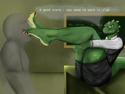 Size: 2048x1536 | Tagged: suggestive, artist:robinthefox, human, lizard, mammal, reptile, butt, classroom, dominant, dominant female, feet, female, fetish, foot fetish, foot focus, foot gagging, foot in mouth, foot on face, foot slave, foot worship, glasses, humiliation, indoors, legs, licking, licking foot, male, reward, ring, saliva, sitting on table, student, submissive, submissive male, teacher, text, toe sucking, toes, tongue, tongue out