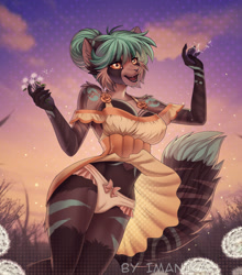 Size: 782x890 | Tagged: suggestive, artist:imanika, oc, oc only, mammal, procyonid, raccoon, anthro, 2024, bottomwear, breasts, cameltoe, clothes, commission, detailed background, digital art, dress, ears, eyelashes, female, fur, hair, open mouth, panties, sharp teeth, solo, solo female, tail, teeth, thighs, tongue, underskirt, underwear, wide hips, ych result