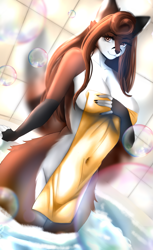Size: 1503x2451 | Tagged: suggestive, artist:vadeshafrr, oc, oc only, canine, fox, mammal, anthro, 2024, bathroom, bathtub, belly button, breasts, commission, digital art, ears, eyelashes, female, fur, hair, nudity, solo, solo female, tail, thighs, towel, vixen, wide hips, ych result
