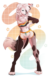 Size: 1532x2405 | Tagged: safe, artist:xchaiteakittenx, oc, oc only, border collie, canine, collie, dog, mammal, anthro, digitigrade anthro, 2024, belly button, bottomwear, breasts, clothes, commission, digital art, ears, eyelashes, female, fur, hair, shorts, simple background, solo, solo female, sports bra, sports shorts, tail, thighs, topwear, wide hips