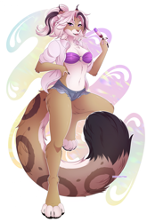 Size: 1559x2363 | Tagged: safe, artist:xchaiteakittenx, oc, oc only, feline, lynx, mammal, anthro, digitigrade anthro, 2024, bedroom eyes, belly button, bra, breasts, clothes, commission, digital art, ears, eyelashes, female, food, fur, hair, jacket, looking at you, popsicle, simple background, solo, solo female, tail, thighs, topwear, underwear, wide hips