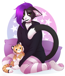 Size: 1778x2072 | Tagged: safe, artist:xchaiteakittenx, oc, oc only, big cat, cat, feline, mammal, tiger, anthro, digitigrade anthro, 2024, cheek fluff, clothes, commission, digital art, ears, eyelashes, female, fluff, fur, hair, hoodie, kneeling, legwear, pink nose, plushie, simple background, solo, solo female, stockings, tail, thighs, topwear, toy, wide hips