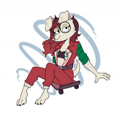 Size: 1982x1804 | Tagged: safe, artist:aurawolfe, oc, oc only, canine, mammal, wolf, anthro, 2024, barefoot, breasts, claws, digital art, feet, female, glasses, nose piercing, nose ring, paws, piercing, round glasses, solo, solo female