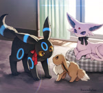 Size: 1800x1625 | Tagged: safe, artist:kaminokefusa, eeveelution, espeon, fictional species, mammal, shiny pokémon, umbreon, feral, nintendo, pokémon, 2024, ambiguous gender, ambiguous only, behaving like a cat, cheek fluff, detailed background, digital art, ears, floppy ears, fluff, fur, group, looking at each other, neck fluff, ribbon, scared, sniffing, tail, thighs, trio, trio ambiguous