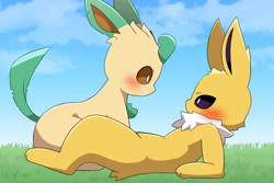 Size: 1618x1080 | Tagged: safe, artist:sum, eeveelution, fictional species, jolteon, leafeon, mammal, semi-anthro, nintendo, pokémon, 2023, ambiguous gender, ambiguous only, black nose, blushing, digital art, duo, duo ambiguous, ears, fluff, fur, looking at each other, neck fluff, side view, tail, thighs