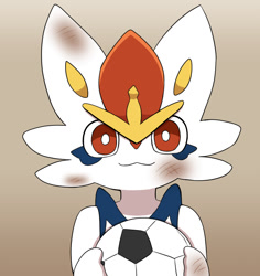 Size: 1019x1080 | Tagged: safe, artist:sum, cinderace, fictional species, semi-anthro, nintendo, pokémon, 2023, ambiguous gender, ball, black nose, digital art, ears, fur, looking at you, soccer ball, solo, solo ambiguous, starter pokémon