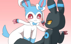 Size: 1754x1080 | Tagged: safe, alternate version, artist:sum, eeveelution, fictional species, mammal, shiny pokémon, sylveon, umbreon, semi-anthro, nintendo, pokémon, 2023, ambiguous gender, ambiguous only, black nose, digital art, duo, duo ambiguous, ears, fur, looking at each other, pulling, ribbons (body part), simple background, tail, thighs