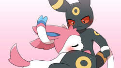 Size: 1920x1080 | Tagged: safe, artist:sum, eeveelution, fictional species, mammal, sylveon, umbreon, semi-anthro, nintendo, pokémon, 2023, ambiguous gender, ambiguous only, black nose, blushing, cuddling, digital art, duo, duo ambiguous, ears, eyes closed, fur, hug, ribbons (body part), simple background, tail, thighs