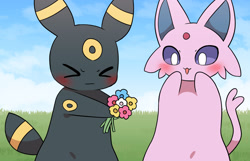 Size: 1680x1080 | Tagged: safe, artist:sum, eeveelution, espeon, fictional species, mammal, umbreon, semi-anthro, nintendo, pokémon, 2023, ambiguous gender, ambiguous only, black nose, blushing, cheek fluff, detailed background, digital art, duo, duo ambiguous, ears, eyes closed, flower, fluff, fur, open mouth, plant, tail, thighs, tongue