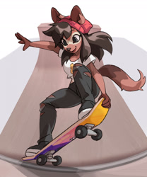 Size: 1752x2103 | Tagged: safe, artist:floki.painter, oc, oc only, mammal, marsupial, anthro, beanie, bottomwear, brown body, brown fur, clothes, ears, female, footwear, fur, pants, shirt, shoes, skateboard, solo, solo female, tail, topwear