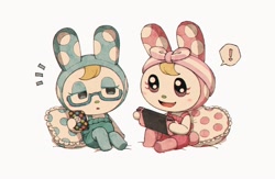 Size: 2048x1338 | Tagged: safe, artist:oni_atat, chrissy (animal crossing), francine (animal crossing), lagomorph, mammal, rabbit, semi-anthro, animal crossing, nintendo, nintendo switch, 2d, duo, duo female, emanata, exclamation point, female, females only, heart, heart pillow, holding, holding object, holding phone, on model, open mouth, open smile, phone, pillow, siblings, simple background, sister, sisters, sitting, smiling, speech bubble, white background