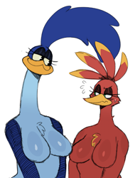 Size: 1115x1415 | Tagged: suggestive, artist:ss2sonic, kazooie (banjo-kazooie), road runner (looney tunes), bird, breegull, fictional species, red crested breegull, roadrunner, banjo-kazooie, looney tunes, rareware, warner brothers, breasts, duo, duo female, featureless breasts, female, females only