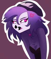 Size: 1787x2048 | Tagged: safe, artist:jesterwing, octavia (vivzmind), bird, bird of prey, owl, anthro, hazbin hotel, helluva boss, angry, bare shoulders, beanie, breasts, choker, cleavage, clothes, colored sclera, cross-popping veins, eyeshadow, female, lidded eyes, makeup, open mouth, red sclera, solo, solo female, topwear