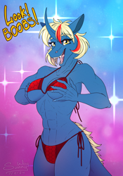 Size: 1122x1600 | Tagged: suggestive, artist:sunny way, oc, oc only, equine, fictional species, ki'rinaes, mammal, anthro, 2024, abs, belly button, big breasts, bikini, breasts, bust, clothes, curved horn, cute, digital art, female, happy, holding breasts, horn, muscles, muscular female, nudity, open mouth, smiling, solo, solo female, swimsuit, teeth