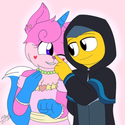 Size: 500x500 | Tagged: safe, artist:fiendyneko, unikitty (lego), ambiguous species, cat, equine, feline, fictional species, hybrid, mammal, pony, unicorn, anthro, lego, unikitty! (series), 1:1, anthrofied, female, low res, male, male/female, master frown (lego), shipping, unifrown (lego)