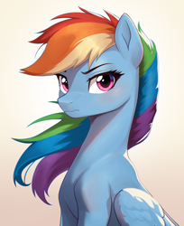Size: 2058x2528 | Tagged: safe, artist:sierraex, rainbow dash (mlp), equine, fictional species, mammal, pegasus, pony, feral, friendship is magic, hasbro, my little pony, 2024, blue body, blue fur, blue wings, female, folded wings, fur, gradient background, hair, high res, looking at you, mane, mare, rainbow hair, rainbow mane, solo, solo female, wings
