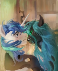 Size: 951x1174 | Tagged: safe, artist:vondsketch, queen chrysalis (mlp), shining armor (mlp), arthropod, changeling, changeling queen, equine, fictional species, mammal, pony, unicorn, feral, friendship is magic, hasbro, my little pony, 2024, fangs, female, feral/feral, horn, imminent kissing, infidelity, interspecies, male, male/female, mare, pinned, sharp teeth, shining chrysalis (mlp), shipping, stallion, teeth