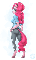Size: 1864x3070 | Tagged: safe, artist:mysticalpha, pinkie pie (mlp), earth pony, equine, fictional species, mammal, pony, anthro, unguligrade anthro, friendship is magic, hasbro, my little pony, 2024, anthrofied, blue eyes, bottomwear, bracelet, breasts, butt, clothes, eyelashes, female, g4, hair, high res, hooves, jewelry, mane, mare, pants, pink body, pink hair, pink mane, pink tail, shirt, sideboob, solo, solo female, sweatpants, tail, topwear