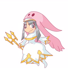 Size: 2516x2659 | Tagged: safe, artist:clarkdesigner, fictional species, humanoid, digimon, 2023, bottomwear, clothes, female, hat, headwear, simple background, sistermon blanc, skirt, smiling, solo, solo female, trident, white background