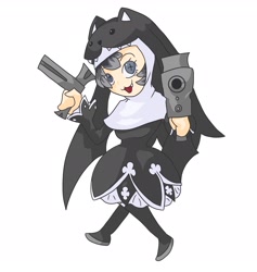 Size: 2516x2659 | Tagged: safe, artist:clarkdesigner, fictional species, humanoid, digimon, 2024, :d, bottomwear, clothes, female, full body, gray hair, gun, hair, hat, headwear, legwear, nun's habit, simple background, sistermon noir, skirt, smiling, solo, solo female, stockings, weapon, white background, wingding eyes
