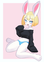Size: 992x1398 | Tagged: safe, artist:unousaya, oc, oc only, lagomorph, mammal, rabbit, anthro, digitigrade anthro, 2024, belly button, black nose, blushing, border, breasts, clothes, crop top, digital art, ears, eyelashes, female, fur, hair, kneeling, panties, simple background, solo, solo female, tail, thighs, topwear, underwear, white border, wide hips
