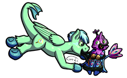 Size: 2887x1789 | Tagged: safe, artist:gyrotech, oc, oc:gyro feather, oc:gyro feather (gryphon), bird, equine, feline, fictional species, galliform, gryphon, mammal, peacock gryphon, peafowl, pony, tatzlpony, feral, friendship is magic, hasbro, my little pony, beak, bird feet, blue body, blue feathers, blue fur, bondage, claws, coiled, feathered wings, feathers, fur, male, purple feathers, tail, tail tuft, wings
