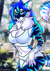 Size: 1606x2294 | Tagged: safe, artist:butterfliess, oc, oc only, big cat, feline, mammal, tiger, anthro, 2024, bedroom eyes, belly button, big breasts, black nose, bra, breasts, clothes, commission, digital art, ears, eyelashes, female, fur, hair, panties, solo, solo female, tail, thighs, underwear, wide hips, ych result