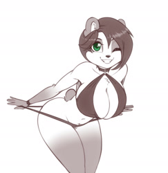 Size: 1891x1948 | Tagged: suggestive, artist:scorpdk, oc, oc only, oc:juniper (scorpdk), bear, mammal, panda, anthro, 2024, belly button, bikini, black nose, breasts, clothes, digital art, ears, eyelashes, female, fur, hair, monochrome, one eye closed, short tail, simple background, solo, solo female, swimsuit, tail, thighs, white background, wide hips