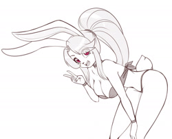Size: 2128x1731 | Tagged: safe, artist:scorpdk, oc, oc only, lagomorph, mammal, rabbit, 2024, belly button, bikini, black nose, bottomwear, breasts, cleavage, clothes, digital art, ears, eyelashes, female, fur, hair, looking at you, monochrome, open mouth, shorts, simple background, solo, solo female, swimsuit, tail, thighs, tongue, white background, wide hips