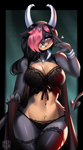 Size: 1425x2586 | Tagged: suggestive, artist:mayrinart, oc, oc only, fictional species, houndoom, mammal, anthro, nintendo, pokémon, 2024, belly button, black nose, bra, breasts, clothes, commission, digital art, ears, eyelashes, female, fur, hair, hair over one eye, horns, legwear, lingerie, panties, robe, simple background, solo, solo female, stockings, tail, thighs, underwear, wide hips