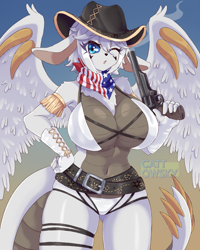 Size: 1717x2146 | Tagged: safe, artist:cattowsky, oc, oc only, dragon, fictional species, furred dragon, anthro, 2024, belly button, belt, bikini, black nose, breasts, cleavage, clothes, commission, cowboy hat, digital art, ears, eyelashes, feathered wings, feathers, female, fur, gun, hair, handgun, hat, headwear, horns, huge breasts, simple background, solo, solo female, swimsuit, tail, thighs, weapon, wide hips, wings