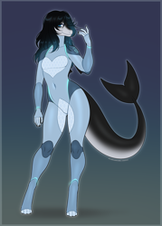 Size: 1000x1396 | Tagged: safe, artist:kitsunewaffles, oc, oc only, fish, shark, anthro, digitigrade anthro, 2024, belly button, breasts, clothes, commission, digital art, ears, eyelashes, female, fins, fish tail, hair, scales, shark tail, simple background, small breasts, solo, solo female, suit, tail, thighs, wide hips