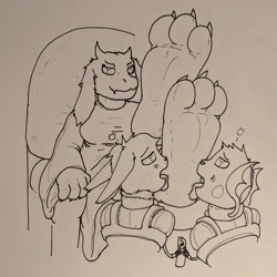 Size: 3027x3024 | Tagged: suggestive, artist:doopnoop, toriel (undertale), bovid, goat, mammal, undertale, big feet, blushing, chair, dominant, dominant female, feet, feet up, female, fetish, foot fetish, foot focus, foot slave, foot worship, humiliation, leashed, licking, licking foot, relaxing, soles, submissive, toes, tongue, tongue out