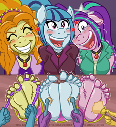 Size: 595x650 | Tagged: suggestive, artist:caroo, adagio dazzle (mlp), aria blaze (mlp), sonata dusk (mlp), equine, mammal, pony, anthro, plantigrade anthro, equestria girls, friendship is magic, hasbro, my little pony, anthrofied, barefoot, bondage, breasts, brush, crying, electric toothbrush, feet, female, fetish, floppy ears, foot fetish, foot focus, furrified, group, laughing, mare, ponified, rainbow rocks, species swap, stocks, submissive, submissive female, tears of laughter, teasing, the dazzlings (mlp), tickle torture, tickling, toe flossing, toe tied, toes, toothbrush, torture, trio focus