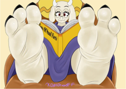 Size: 480x340 | Tagged: suggestive, artist:kdasdrawsff, toriel (undertale), bovid, goat, mammal, undertale, chair, feet up, female, fetish, foot fetish, foot focus, foot pov, glasses, low res, reading, soles, toes