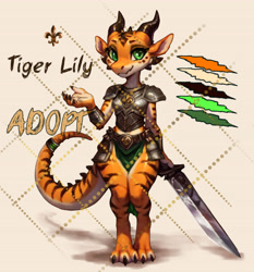 Size: 5560x5973 | Tagged: safe, artist:polnocnykot, fictional species, furred kobold, kobold, reptile, anthro, digitigrade anthro, 2024, absurd resolution, adopt me, adoptable, advertisement, armor, auction, auction open, bottomwear, breastplate, breasts, claws, clothes, curvy, cute, digital art, ears, eyebrows, eyelashes, fangs, female, flower, furrified, green eyes, horns, knight, long tail, looking at you, orange body, paladin, palette, plant, scales, seductive, sharp teeth, simple background, smiling, smiling at you, solo, solo female, sword, tail, teeth, text, thick thighs, thighs, tiger print, tiger stripes, topwear, warrior, weapon, wide hips