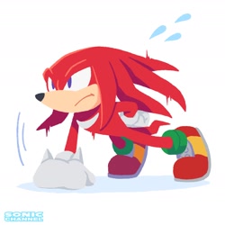 Size: 1958x1958 | Tagged: safe, artist:uno yuuji, official art, knuckles the echidna (sonic), echidna, mammal, monotreme, sega, sonic the hedgehog (series), 2024, clothes, exercise, footwear, fur, gloves, looking to the side, male, purple eyes, push-ups, red body, red fur, shoes, simple background, solo, solo male, tail