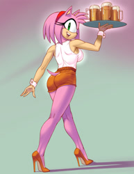 Size: 1224x1584 | Tagged: suggestive, artist:bhawk, amy rose (sonic), anthro, hooters, sega, sonic the hedgehog (series), alcohol, beer, drink, female, hooters outfit, solo, solo female, waitress