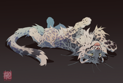Size: 900x609 | Tagged: safe, artist:aspen_eyes, big cat, feline, mammal, snow leopard, feral, ambiguous gender, blep, cute, fluff, lying down, on back, paw pads, paws, smiling, solo, solo ambiguous, tongue, tongue out